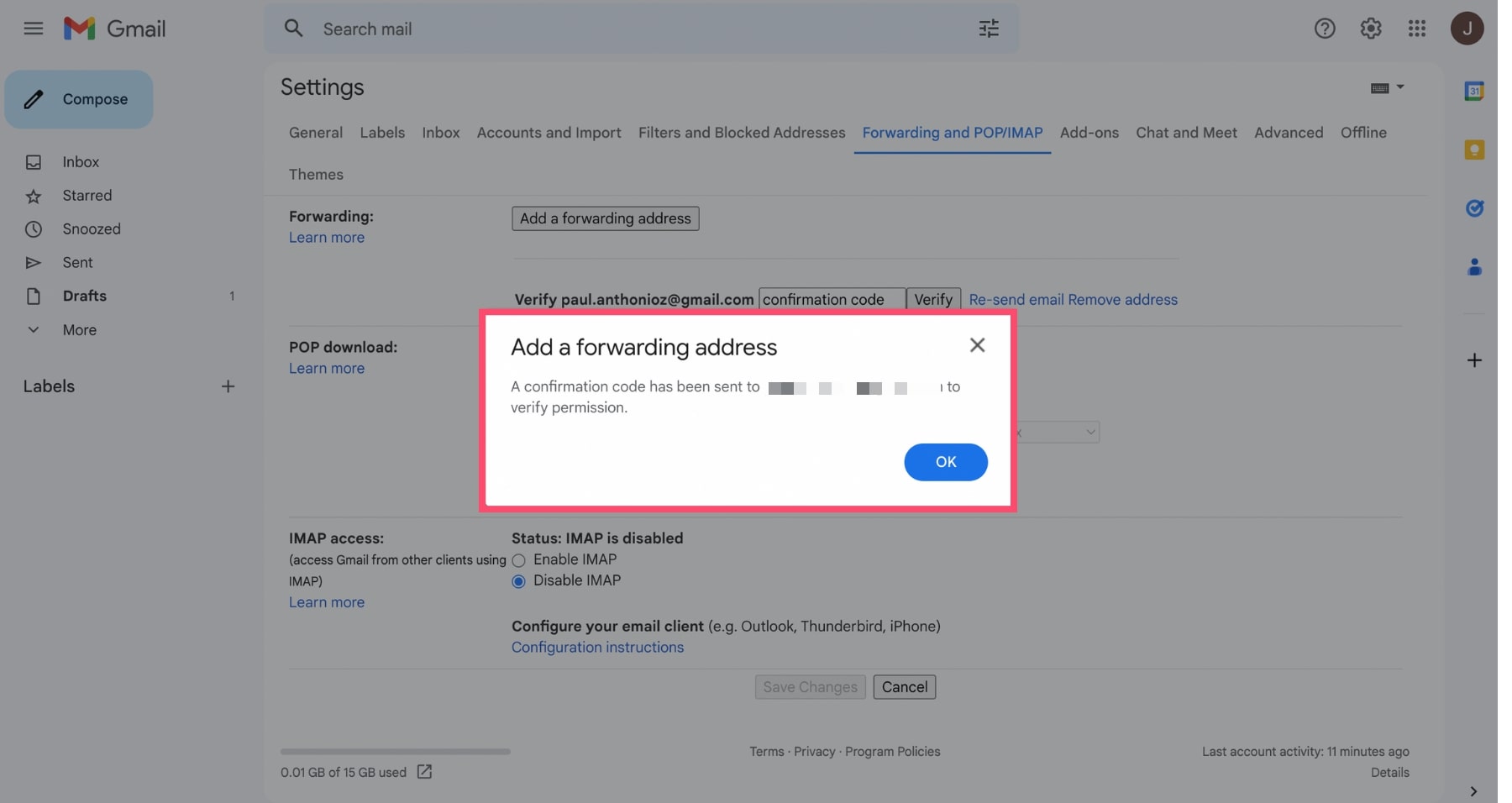 Confirmation code in Gmail