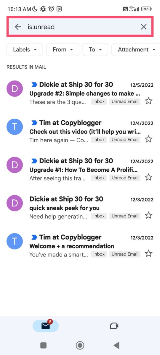 Find unread emails in Gmail on Android