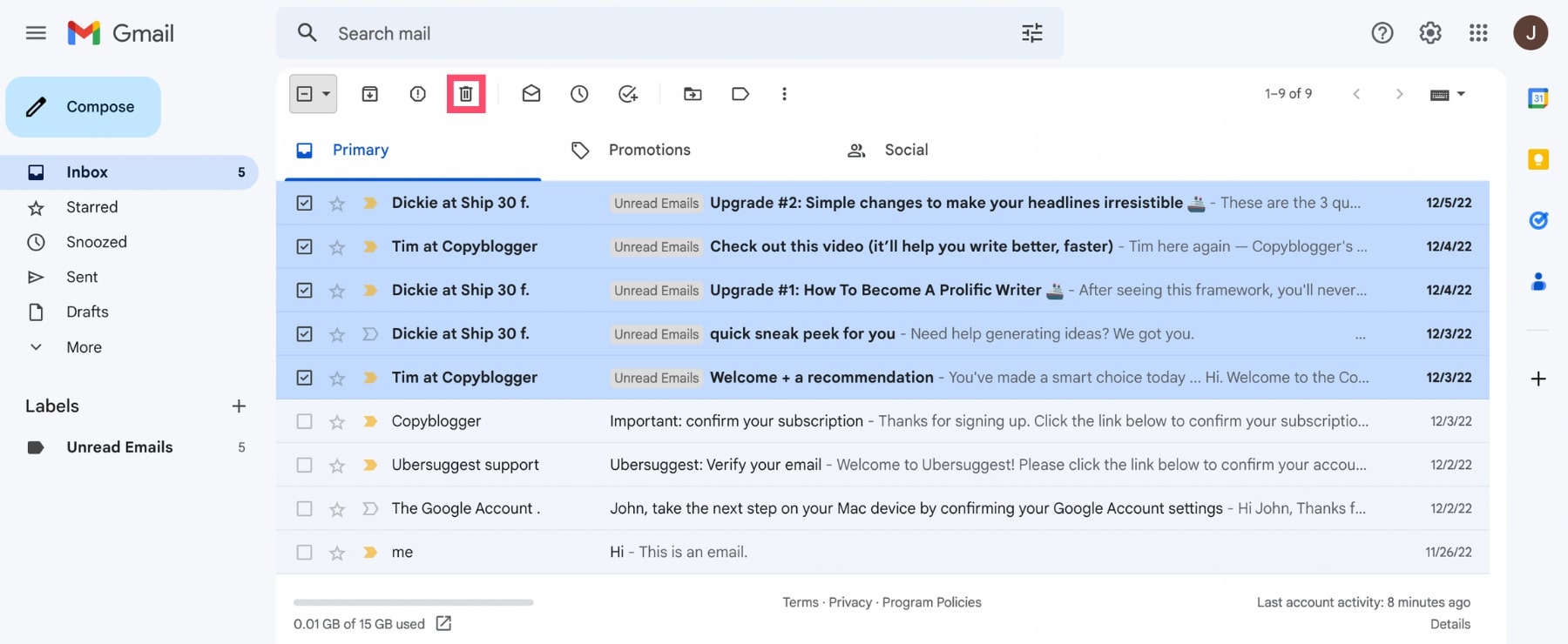 Delete multiple unread messages in Gmail
