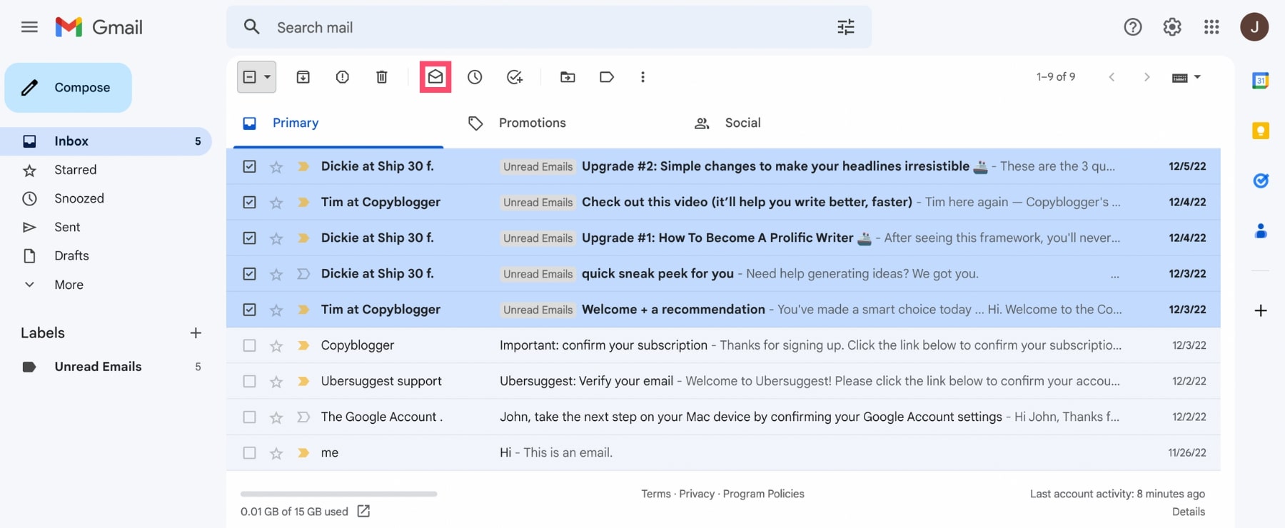 Read multiple messages at once in Gmail
