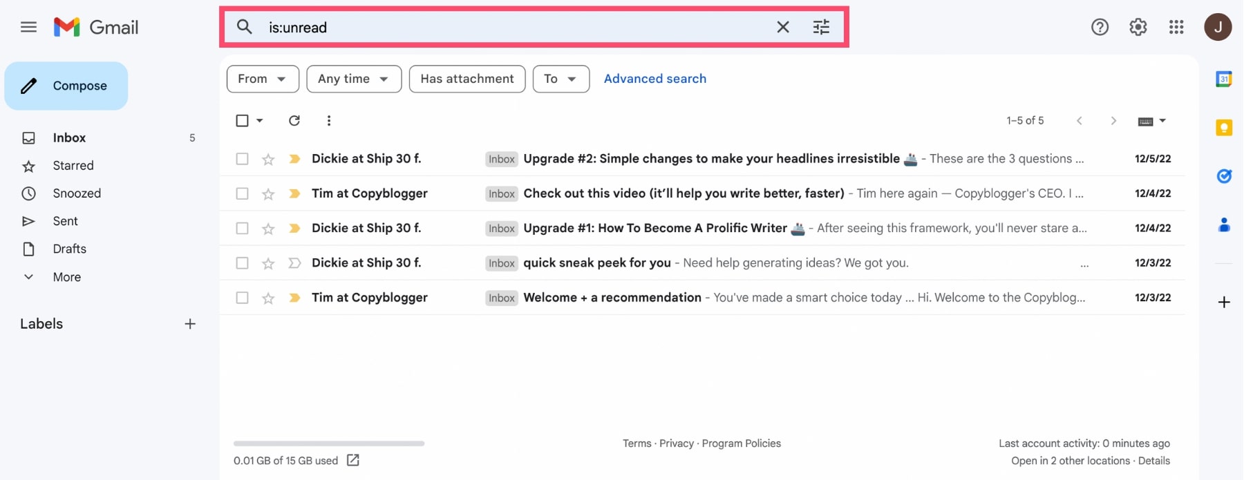 Comment rechercher des messages non lus dans Gmail