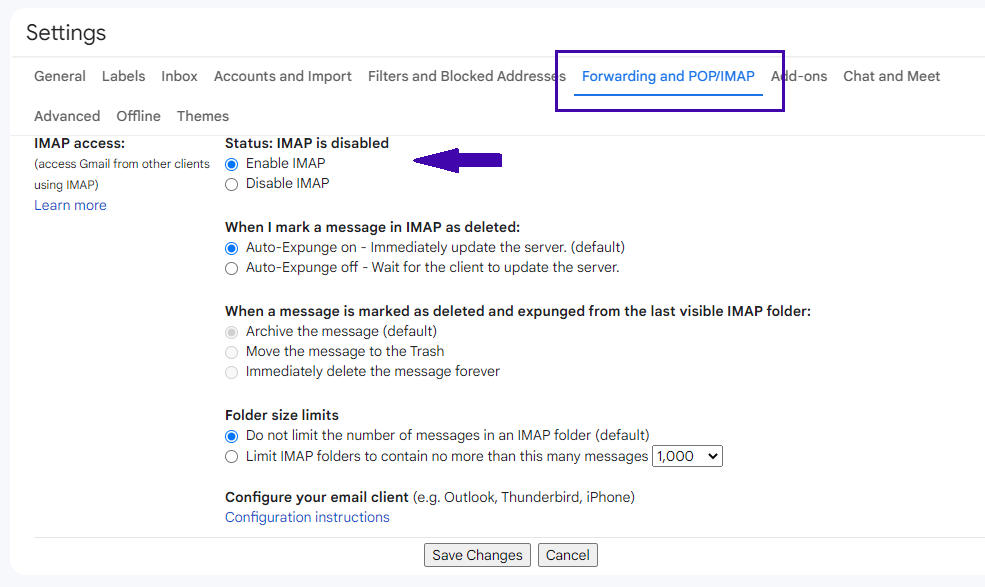 Gmail IMAP download settings