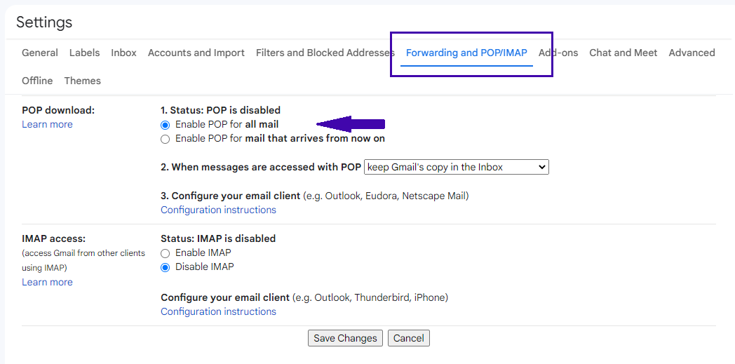 Gmail POP download settings