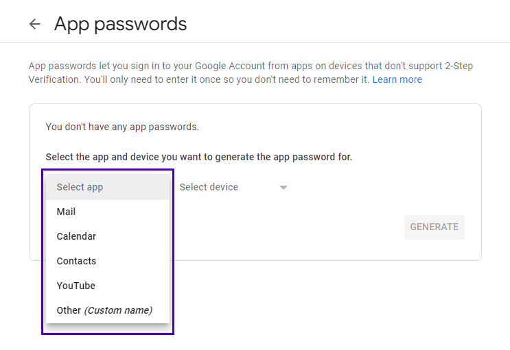 Select app for app passwords