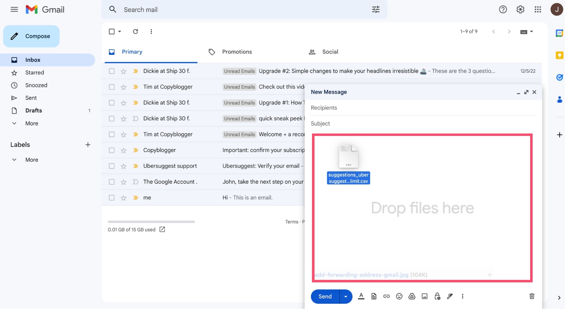 Drag and drop files in Gmail