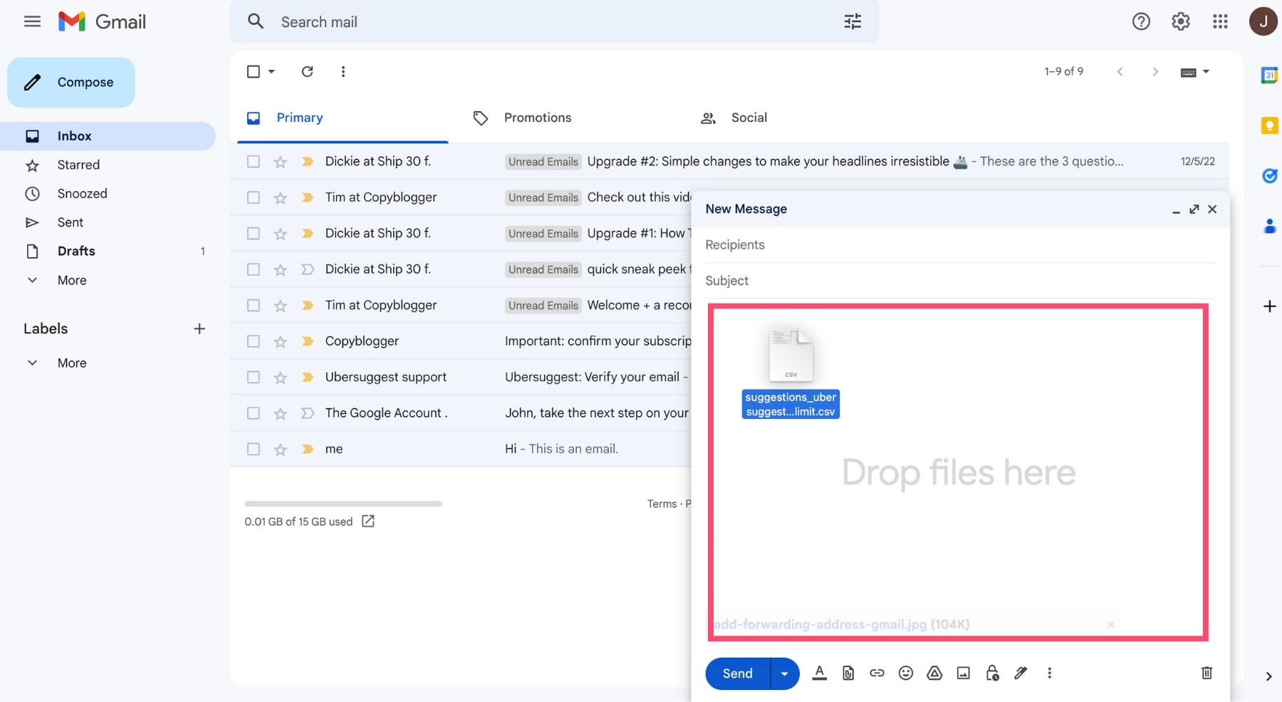 Glisser-déposer des fichiers dans Gmail