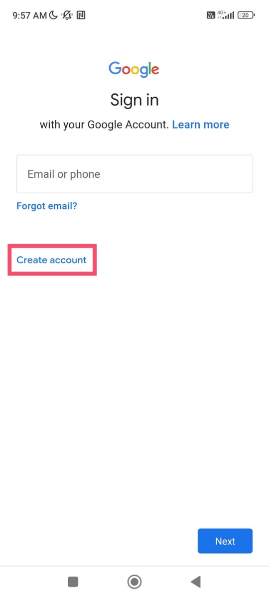 Create a Gmail account on Android