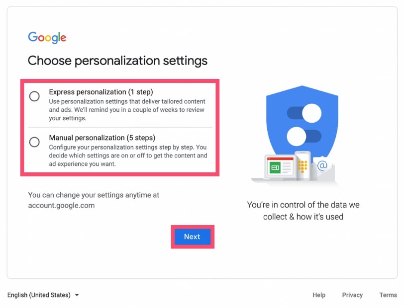 Choose the personalization settings of your new Gmail account