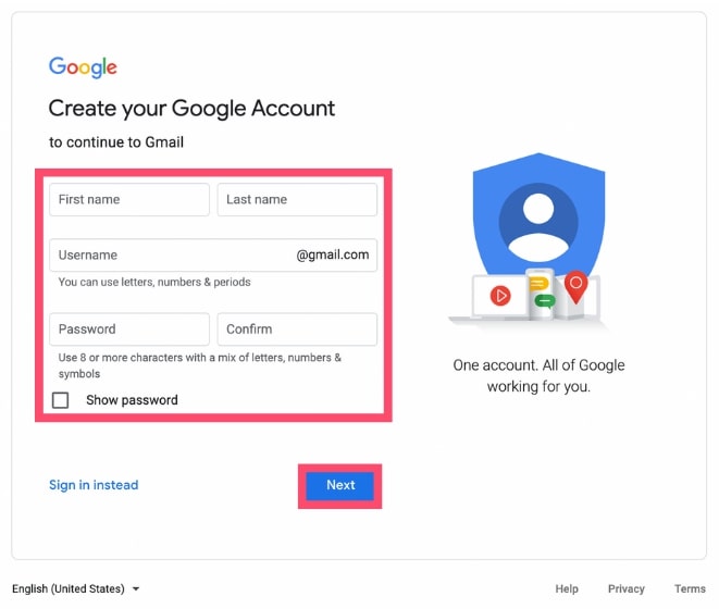 Add your personal info to create your new Gmail account