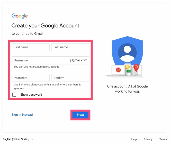 Ajoutez vos informations personnelles pour créer votre nouveau compte Gmail