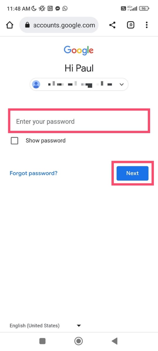 Enter your password on the Gmail mobile app