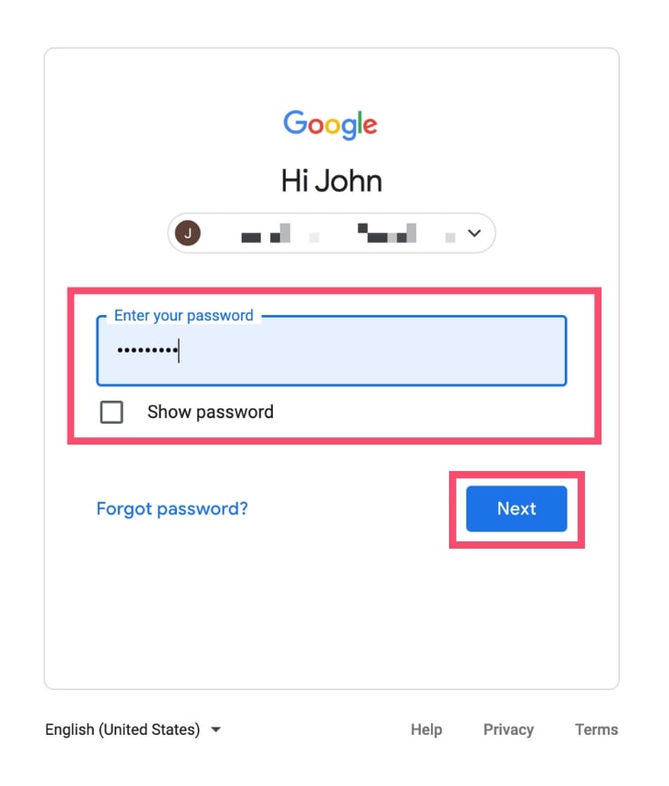 Enter the password of your Gmail account