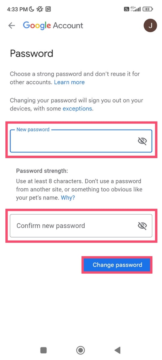 Change your Gmail password on Android