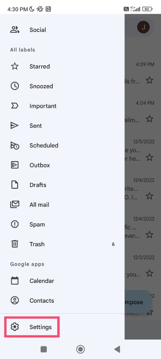 The Gmail app settings