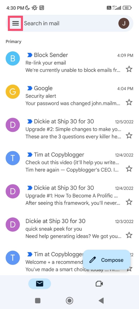 The Gmail app on Android