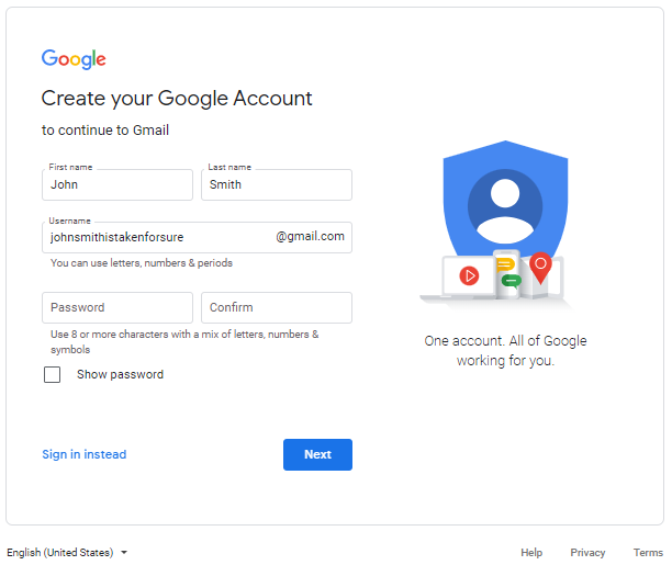 Name and address to create a new Gmail account
