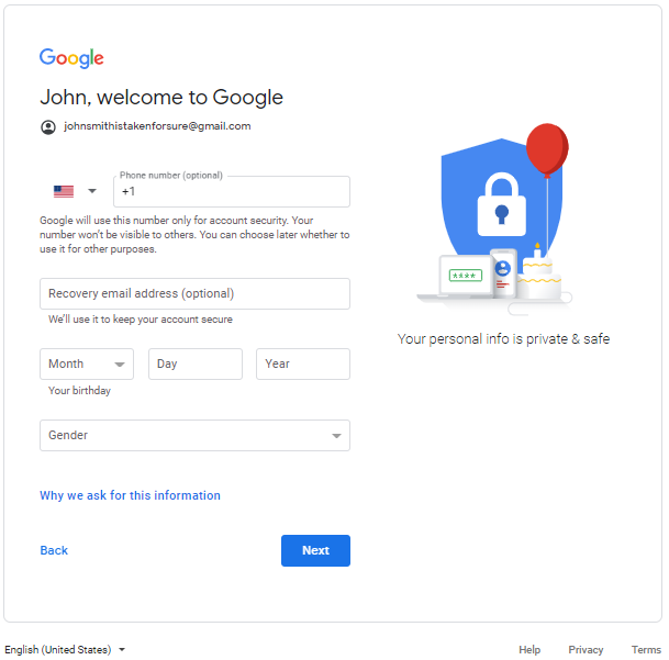 Add your personal information for your new Gmail account
