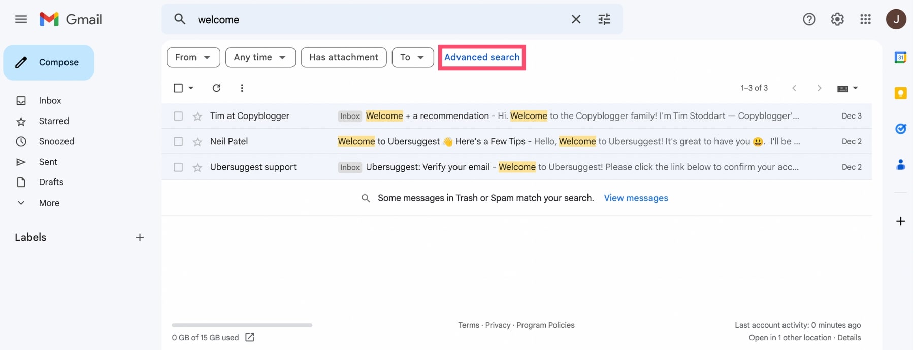 Advanced search on Gmail