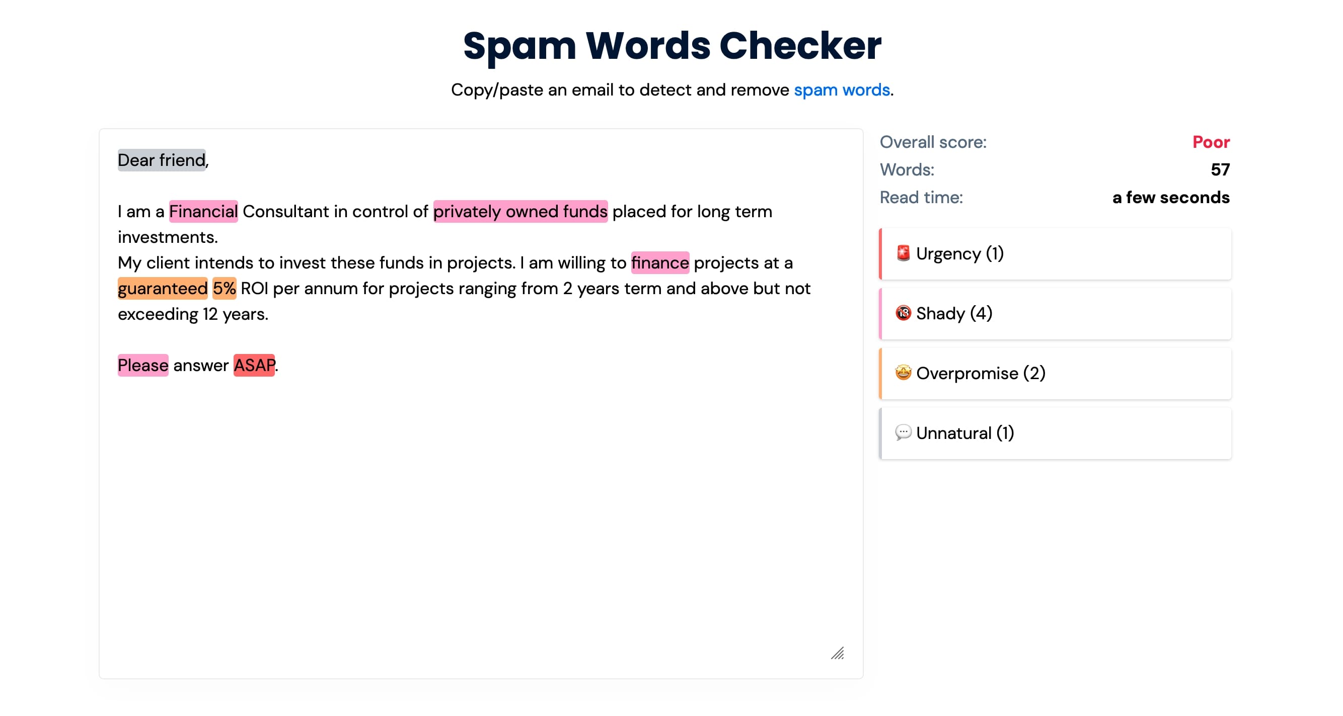 Free spam words checker