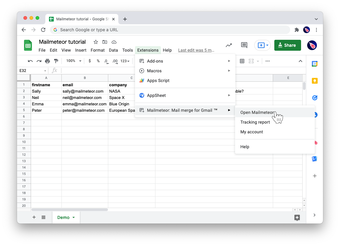 How to open mailmeteor from Google sheets